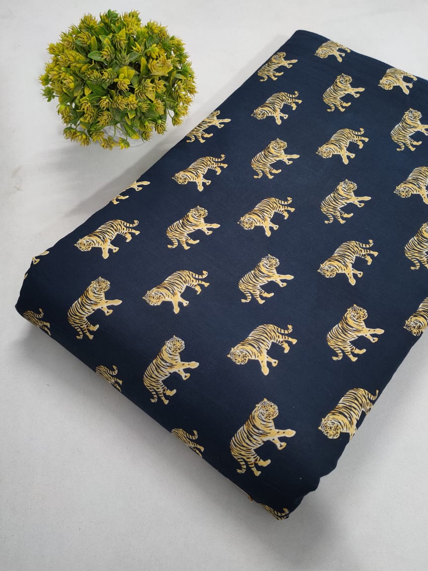 Navy Blue Tiger Motif Screen Print Pure Cotton Fabric From Tulsi Prints