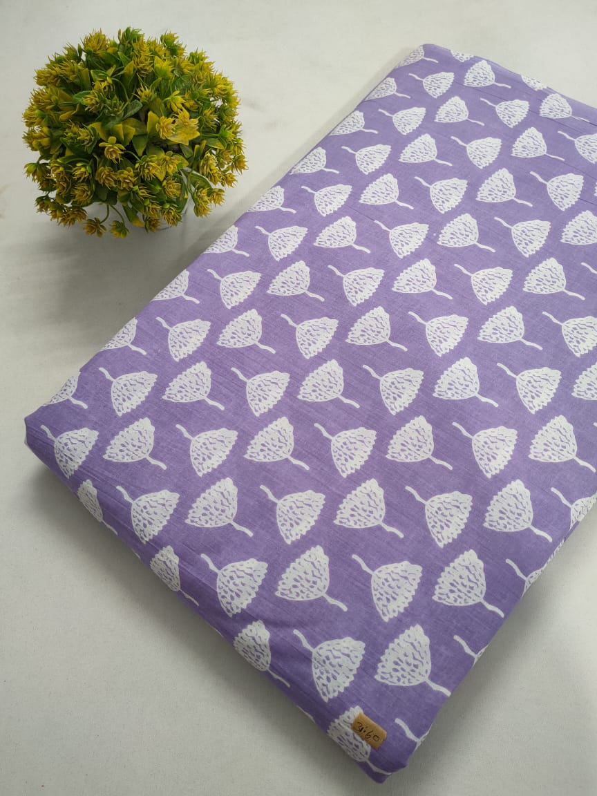 Lavender Leaf Print Screen Print Pure Cotton Fabric From Tulsi Prints