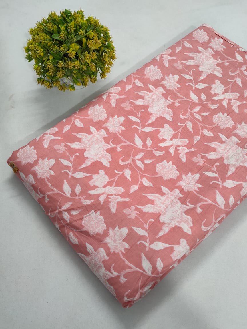 Pink Floral Screen Print Pure Cotton Fabric From Tulsi Prints