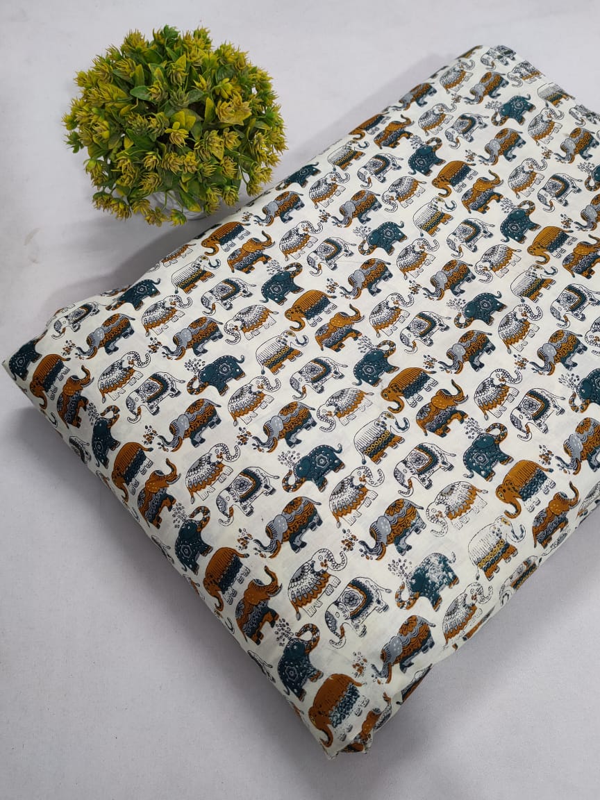 Multicolor Elephant Motif Screen Print Pure Cotton Fabric From Tulsi Prints