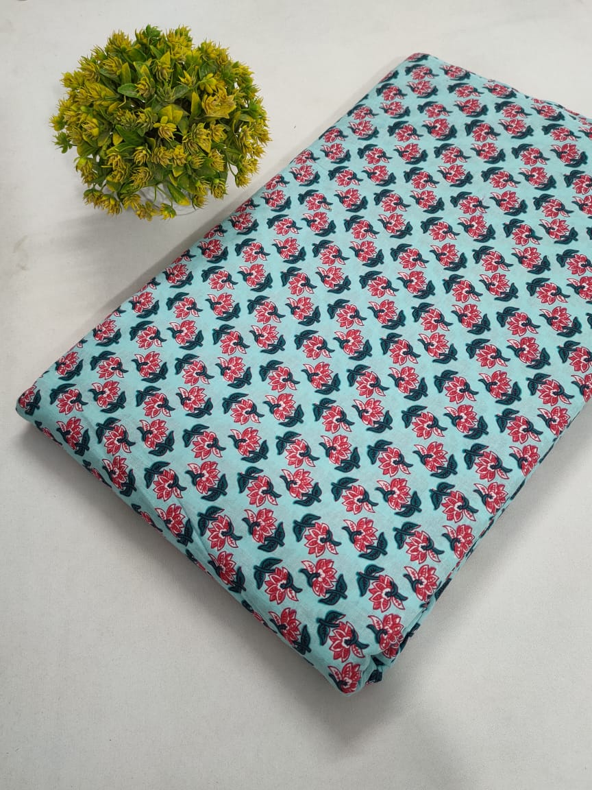 Light Blue Floral Screen Print Pure Cotton Fabric From Tulsi Prints