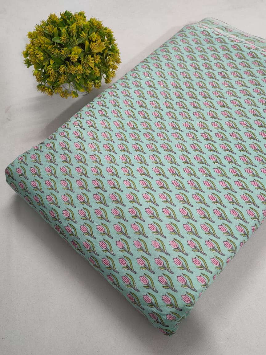 Light Blue Floral Screen Print Pure Cotton Fabric From Tulsi Prints