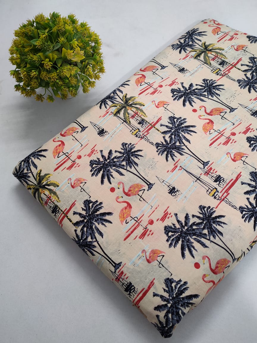 Peach Flamingo and Palm Tree Screen Print Pure Cotton Fabric From Tulsi Prints