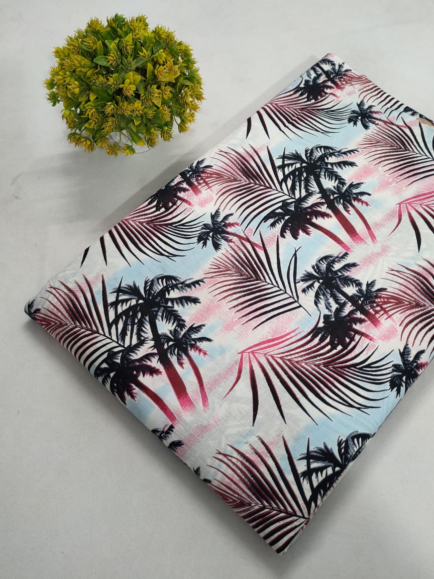 Multi-Color Tropical Leaf Screen Print Pure Cotton Fabric From Tulsi Prints