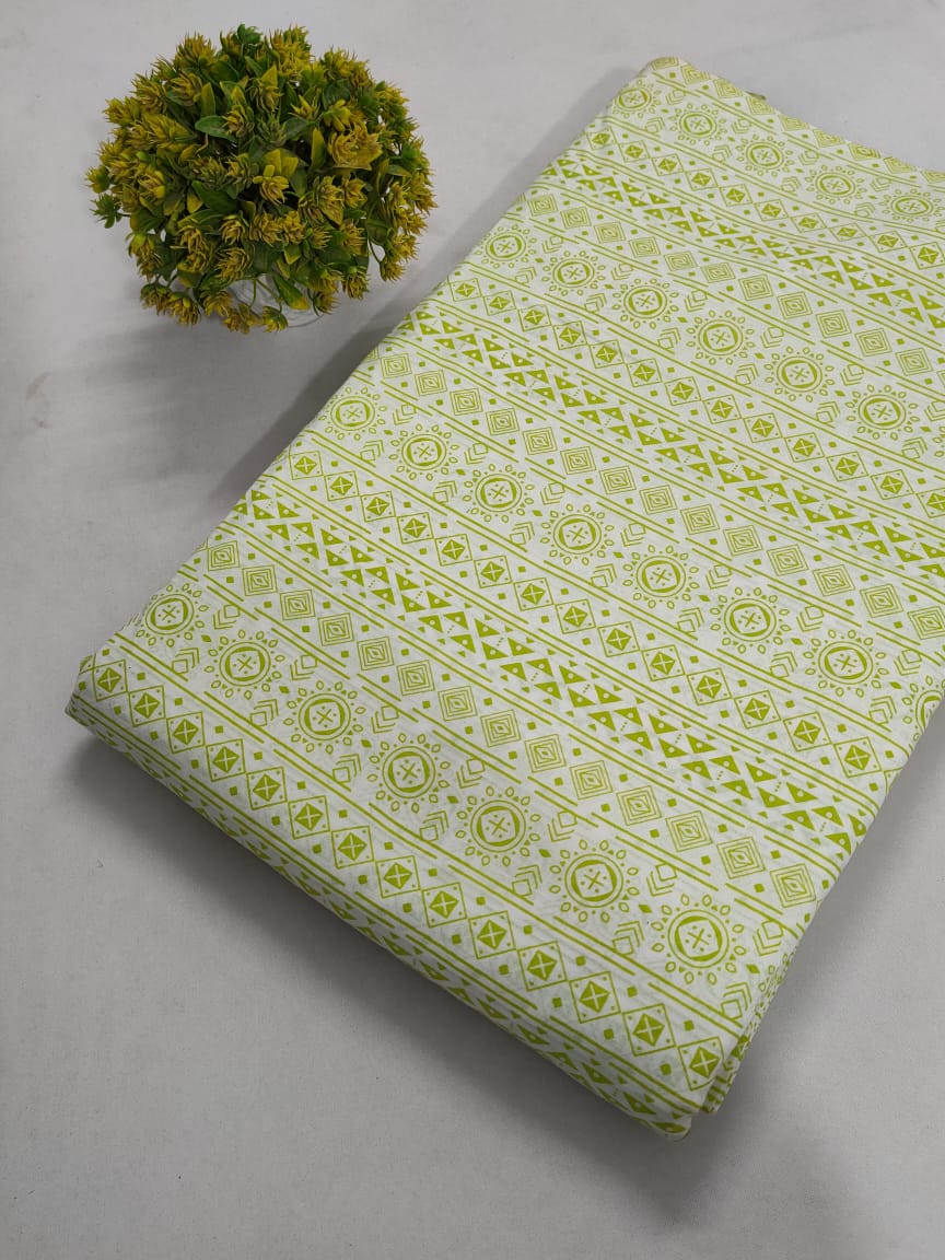 Lime Green Geometric Screen Print Pure Cotton Fabric From Tulsi Prints