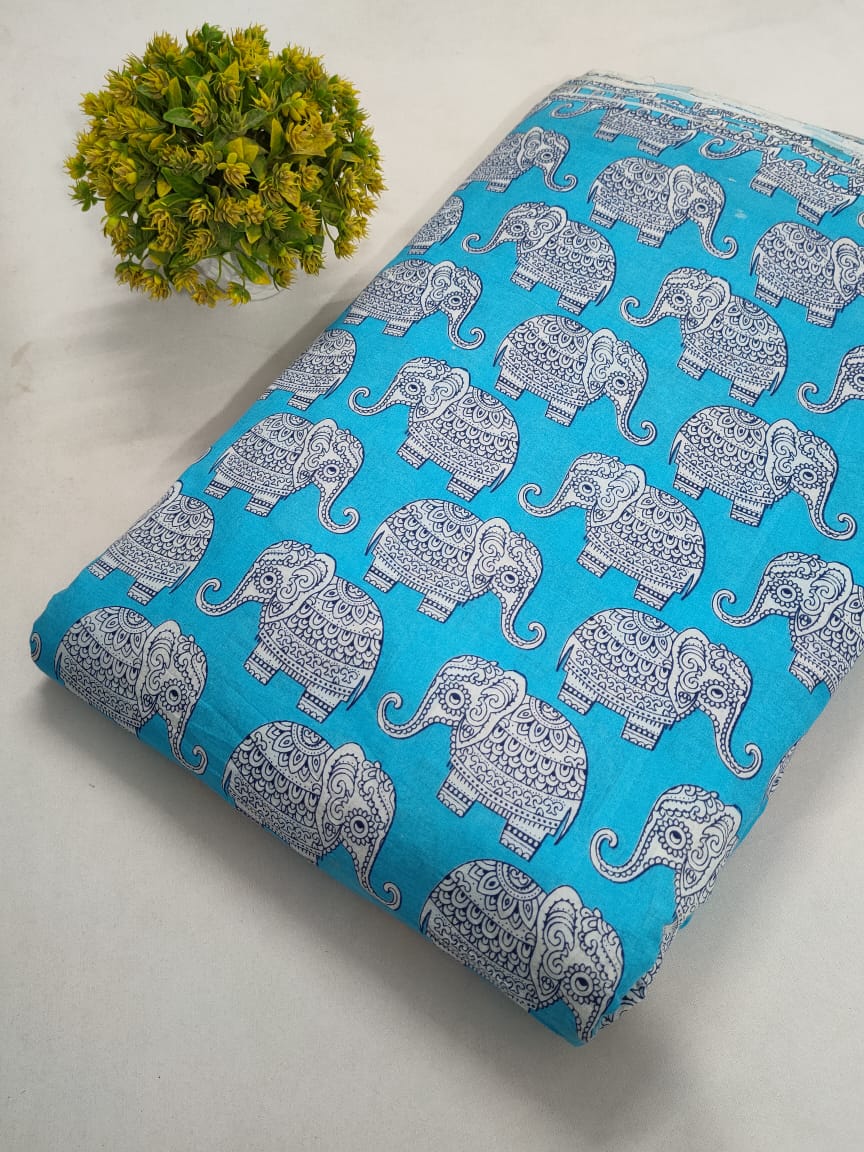 Turquoise Elephant Motif Screen Print Pure Cotton Fabric From Tulsi Prints