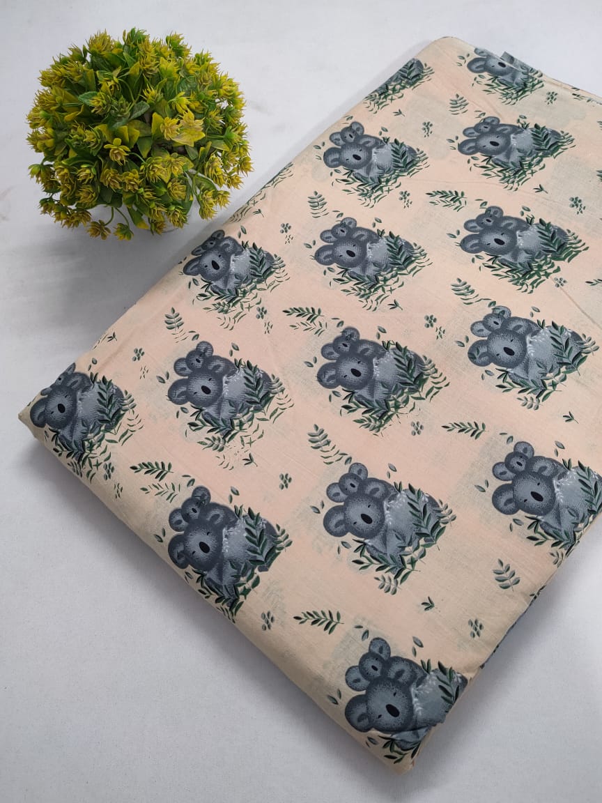 Peach Koala Motif Screen Print Pure Cotton Fabric From Tulsi Prints
