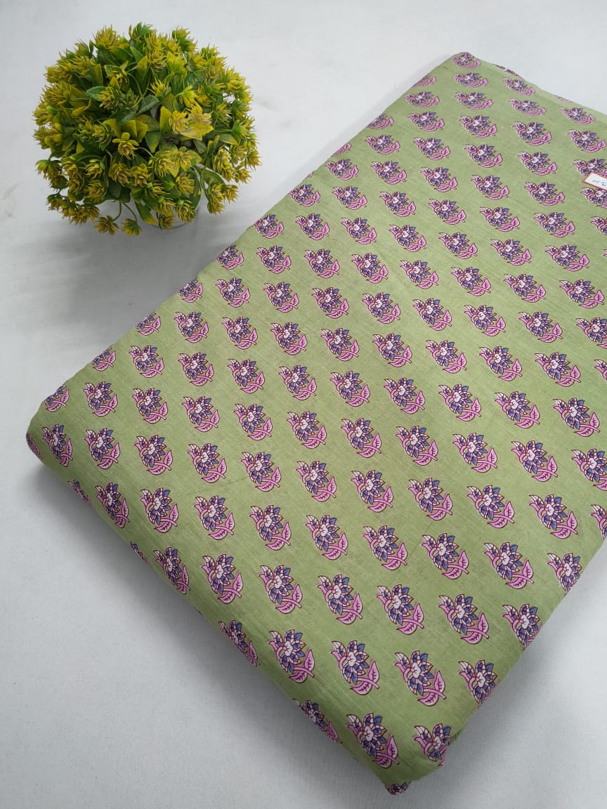 Green Floral Boota Print Screen Print Pure Cotton Fabric From Tulsi Prints