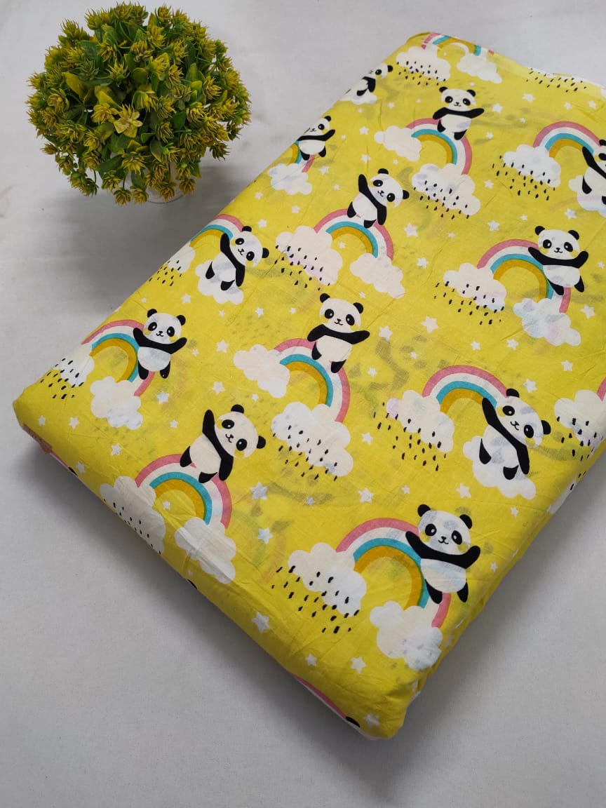 Yellow Panda Rainbow Screen Print Pure Cotton Fabric From Tulsi Prints