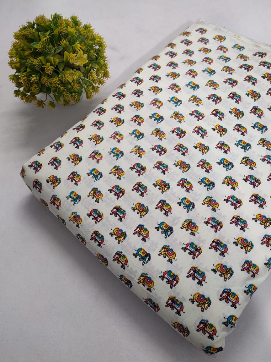 White Elephant Motif Screen Print Pure Cotton Fabric From Tulsi Prints