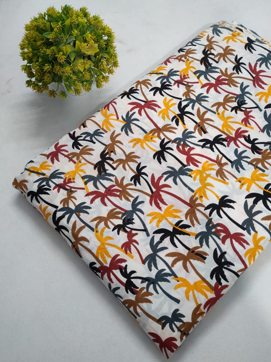White Tropical Palm Screen Print Pure Cotton Fabric From Tulsi Prints