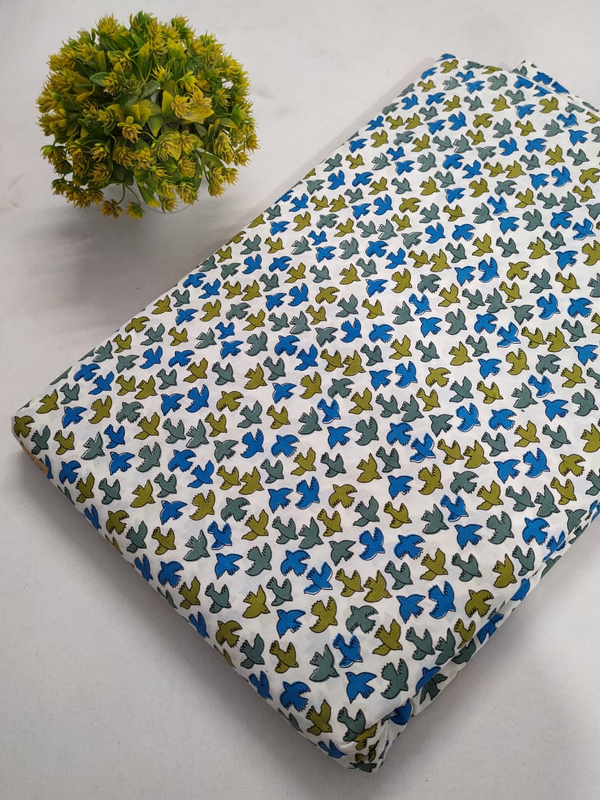 Multi-Colored Bird Motif Screen Print Pure Cotton Fabric From Tulsi Prints