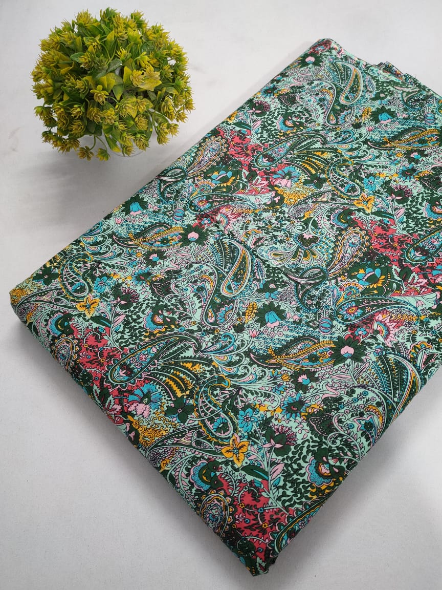 Dark Green Floral Paisley Screen Print Pure Cotton Fabric From Tulsi Prints