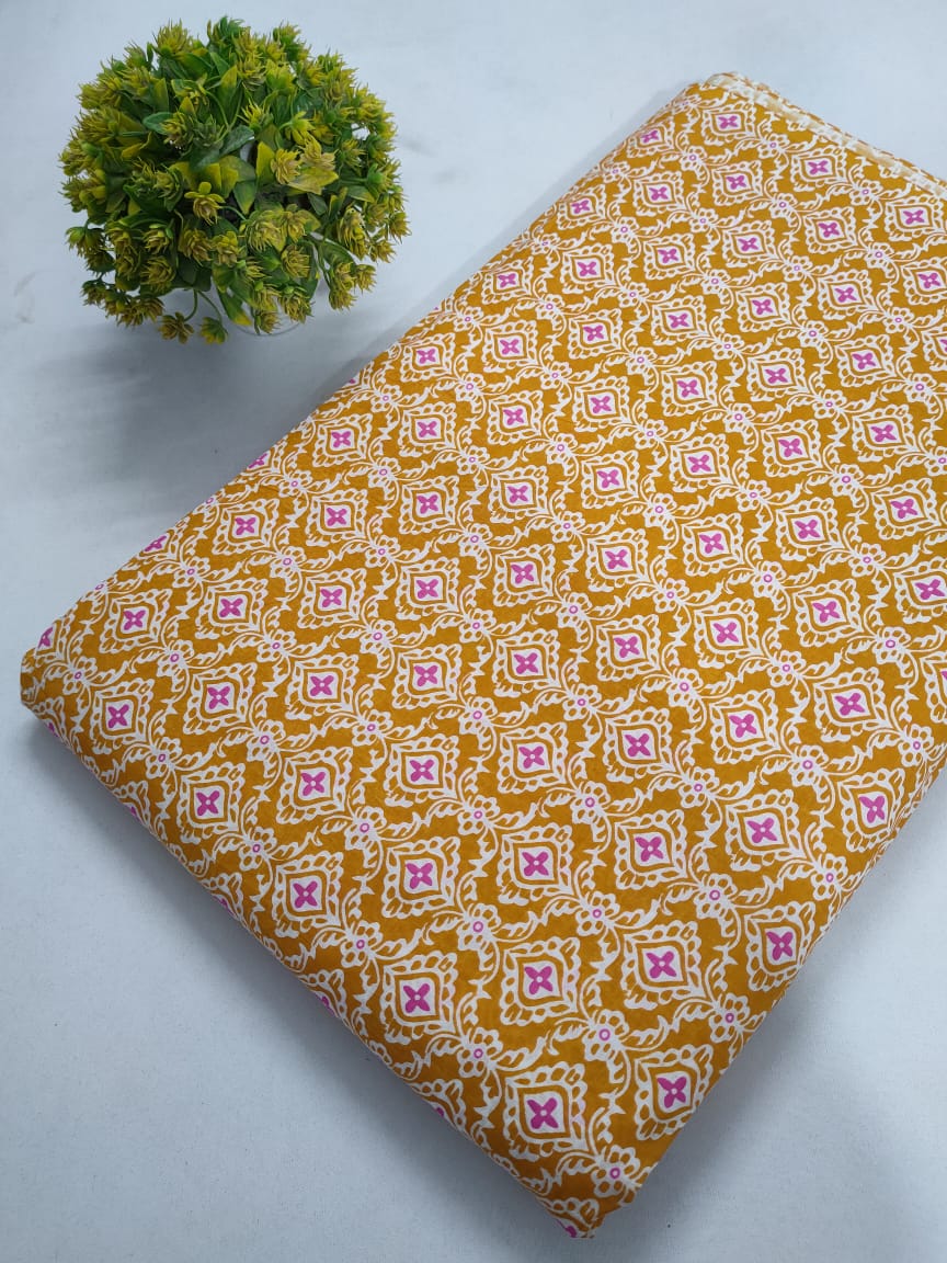 Mustard Yellow Geometric Screen Print Pure Cotton Fabric From Tulsi Prints