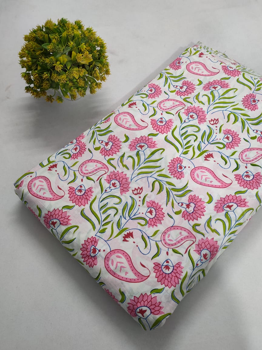 Pink Paisley and Floral Screen Print Pure Cotton Fabric From Tulsi Prints