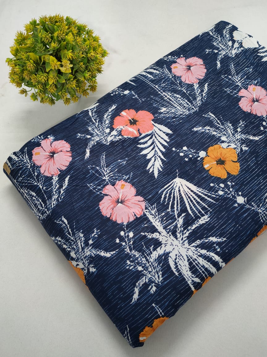 Navy Blue Floral Screen Print Pure Cotton Fabric From Tulsi Prints