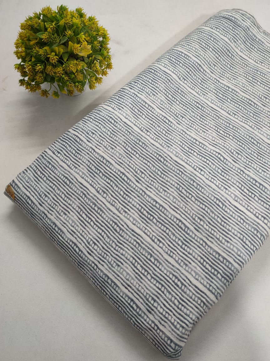 White and Navy Striped Screen Print Pure Cotton Fabric From Tulsi Prints