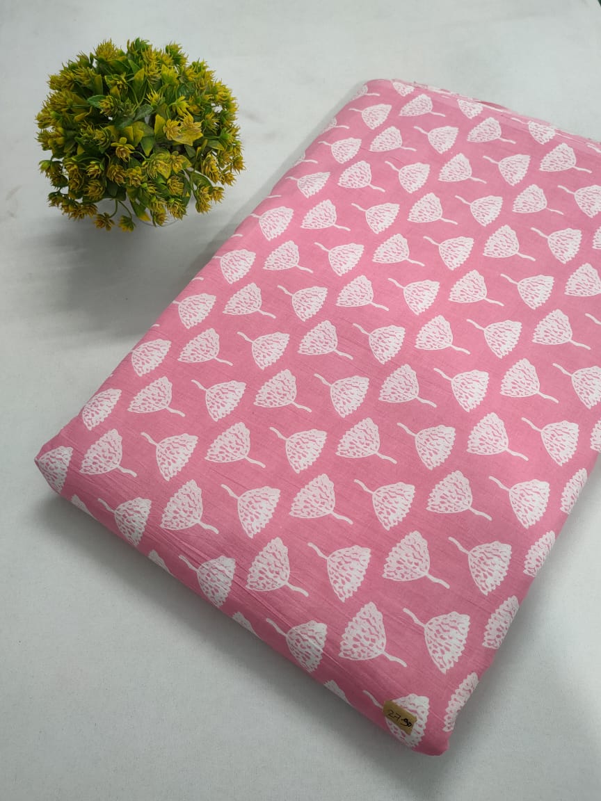 Pink Leaf Screen Print Pure Cotton Fabric From Tulsi Prints