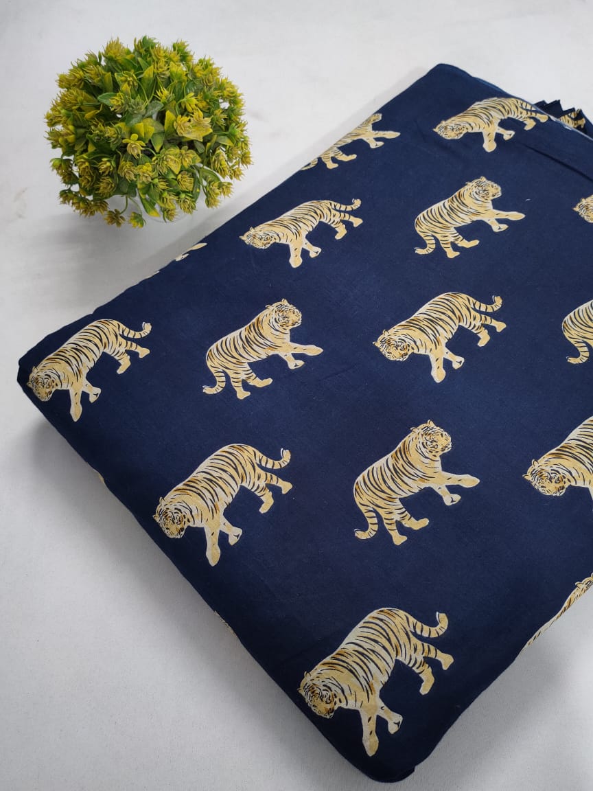 Navy Blue Tiger Motif Screen Print Pure Cotton Fabric From Tulsi Prints