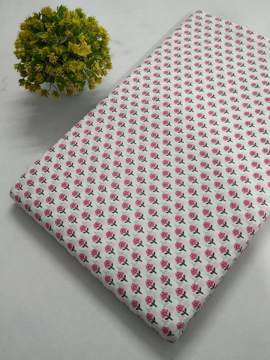 White Floral Screen Print Pure Cotton Fabric From Tulsi Prints