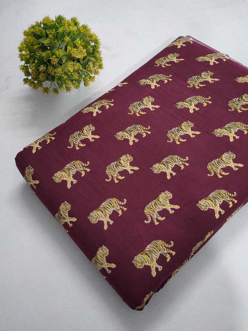 Maroon Tiger Motif Screen Print Pure Cotton Fabric From Tulsi Prints