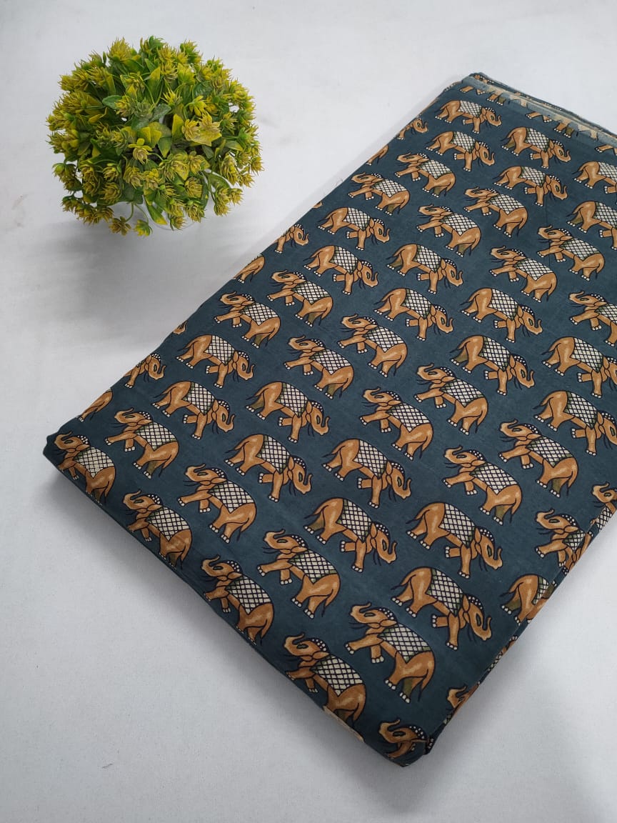 Dark Blue Animal Motif Screen Print Pure Cotton Fabric From Tulsi Prints