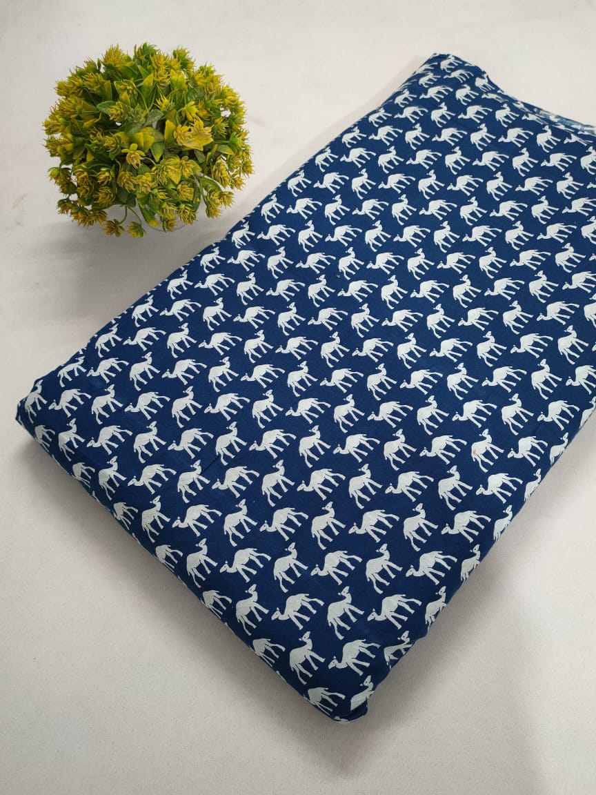 Navy Blue Animal Motif Screen Print Pure Cotton Fabric From Tulsi Prints