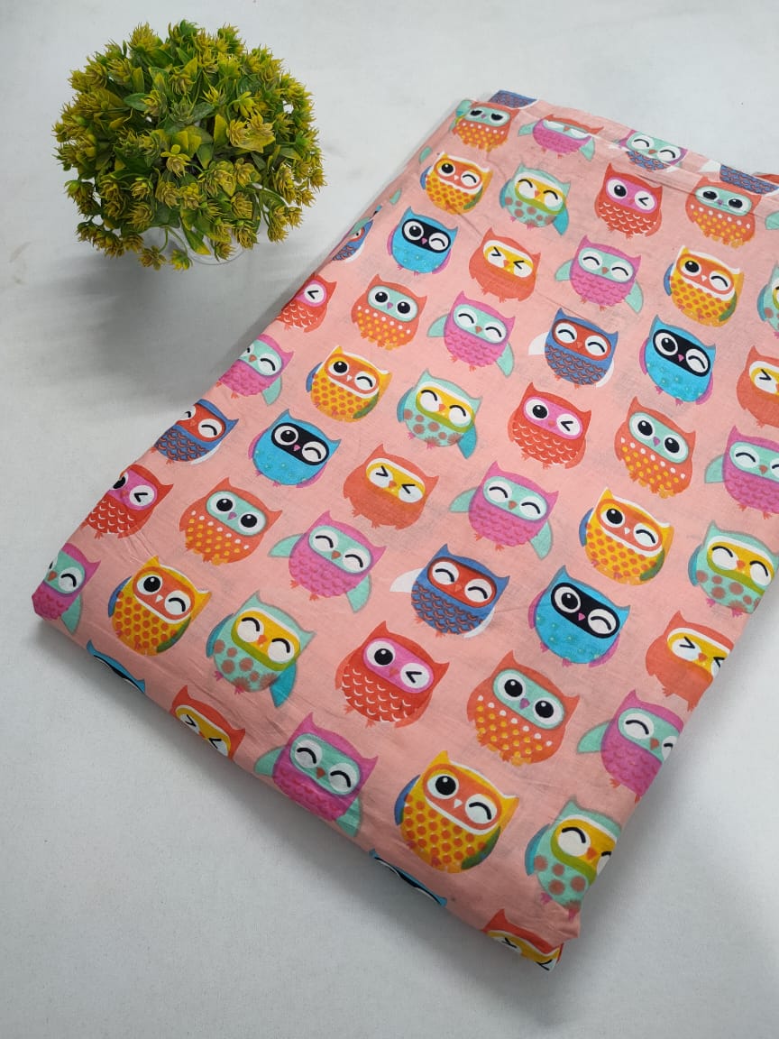 Pink Owl Print Screen Print Pure Cotton Fabric From Tulsi Prints