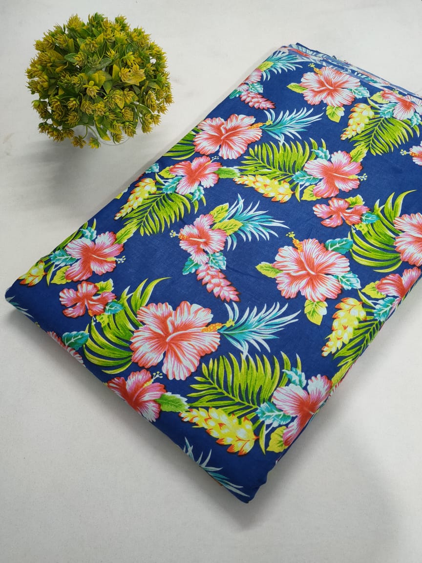 Navy Blue Floral Screen Print Pure Cotton Fabric From Tulsi Prints