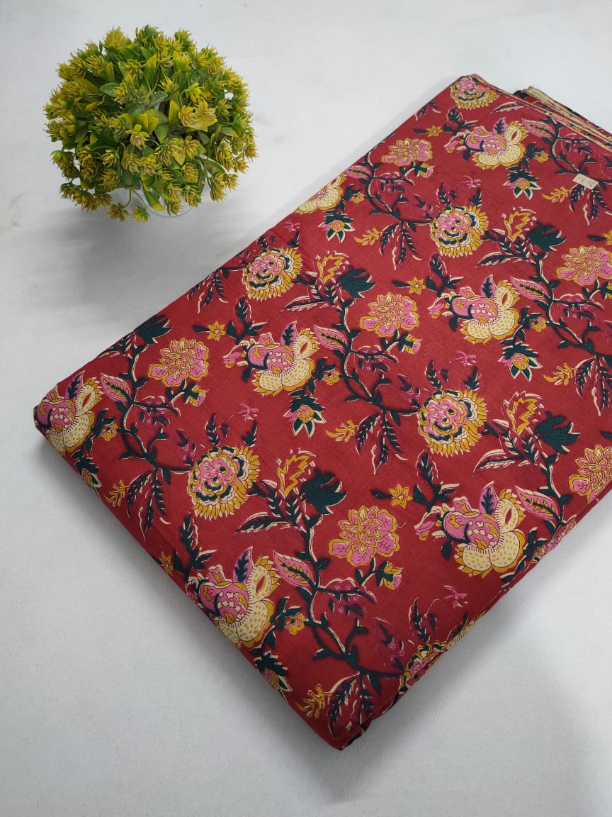 Red Floral Screen Print Pure Cotton Fabric From Tulsi Prints