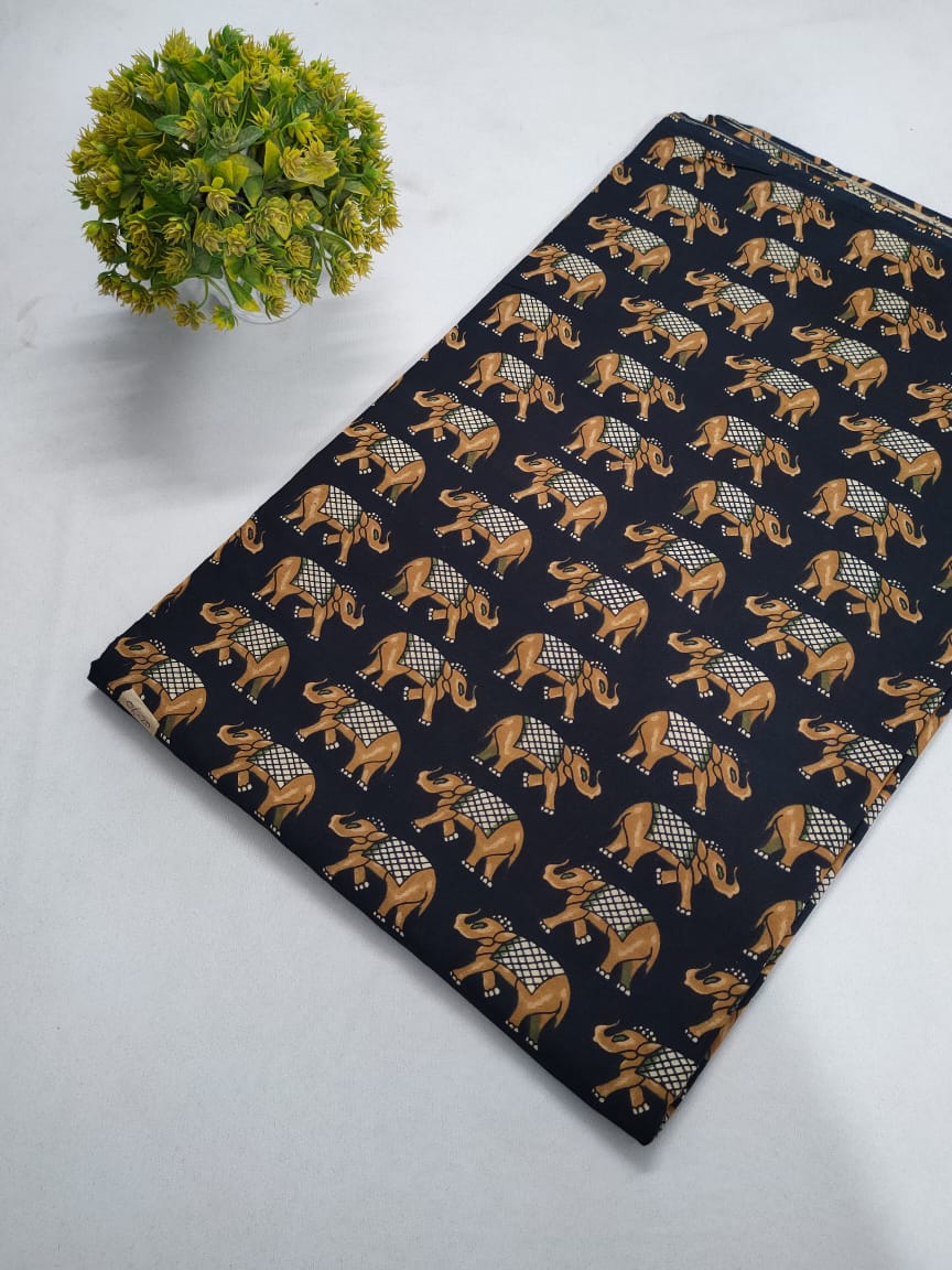 Navy Blue Elephant Motif Screen Print Pure Cotton Fabric From Tulsi Prints