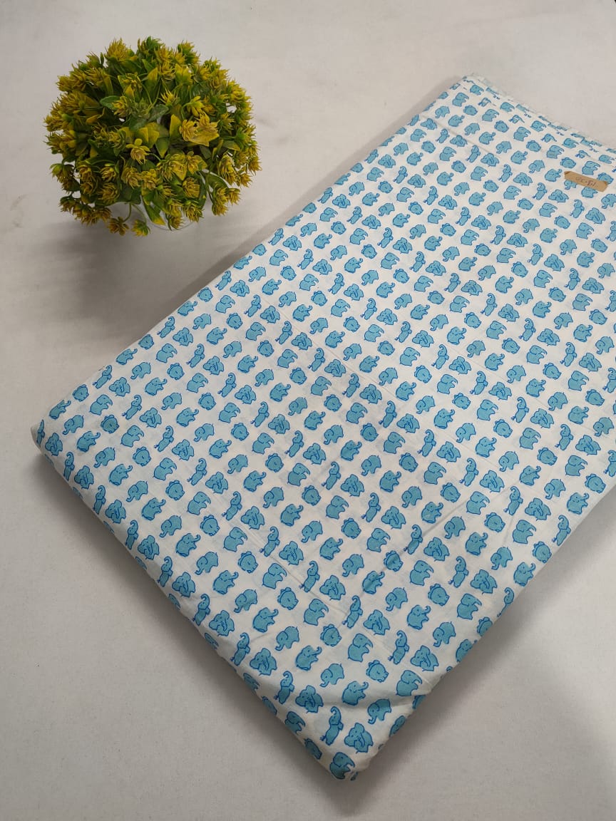 Light Blue Elephant Motif Screen Print Pure Cotton Fabric From Tulsi Prints