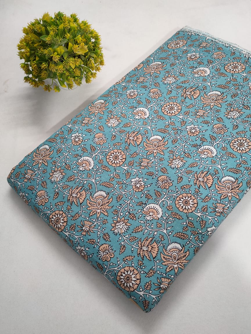 Turquoise Floral Screen Print Pure Cotton Fabric From Tulsi Prints