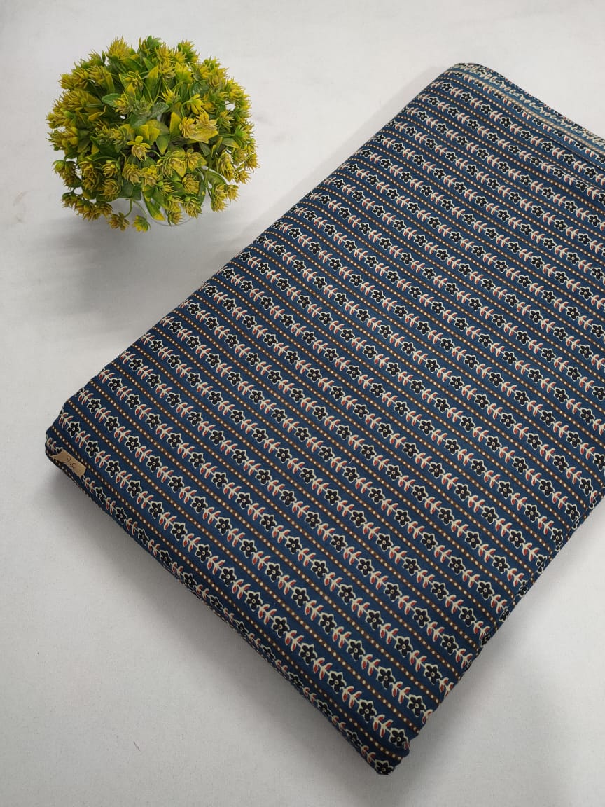 Navy Blue Floral Stripe Screen Print Pure Cotton Fabric From Tulsi Prints