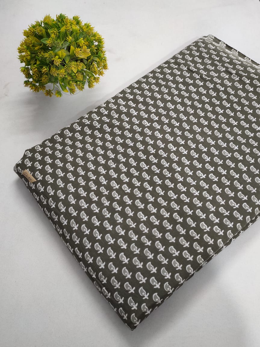Dark Olive Green Floral Screen Print Pure Cotton Fabric From Tulsi Prints