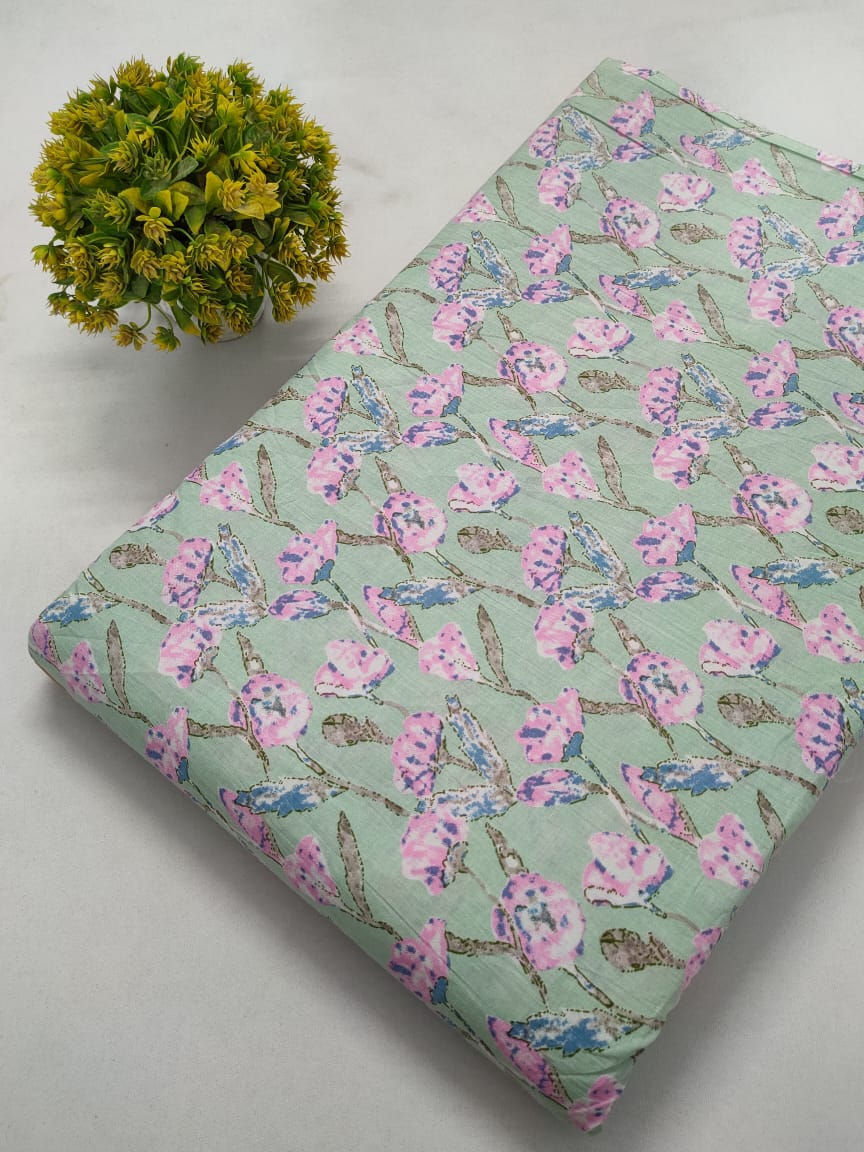 Green Floral Screen Print Pure Cotton Fabric From Tulsi Prints
