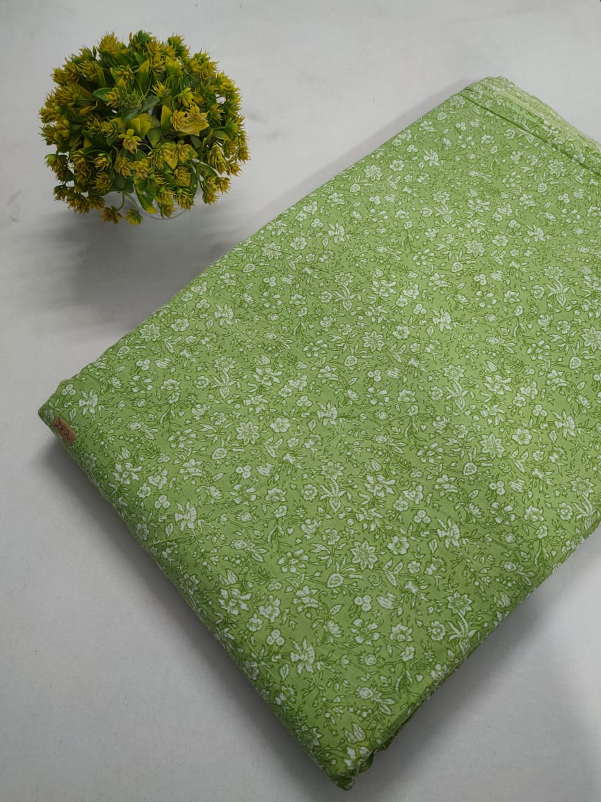 Light Green Floral Print Screen Print Pure Cotton Fabric From Tulsi Prints