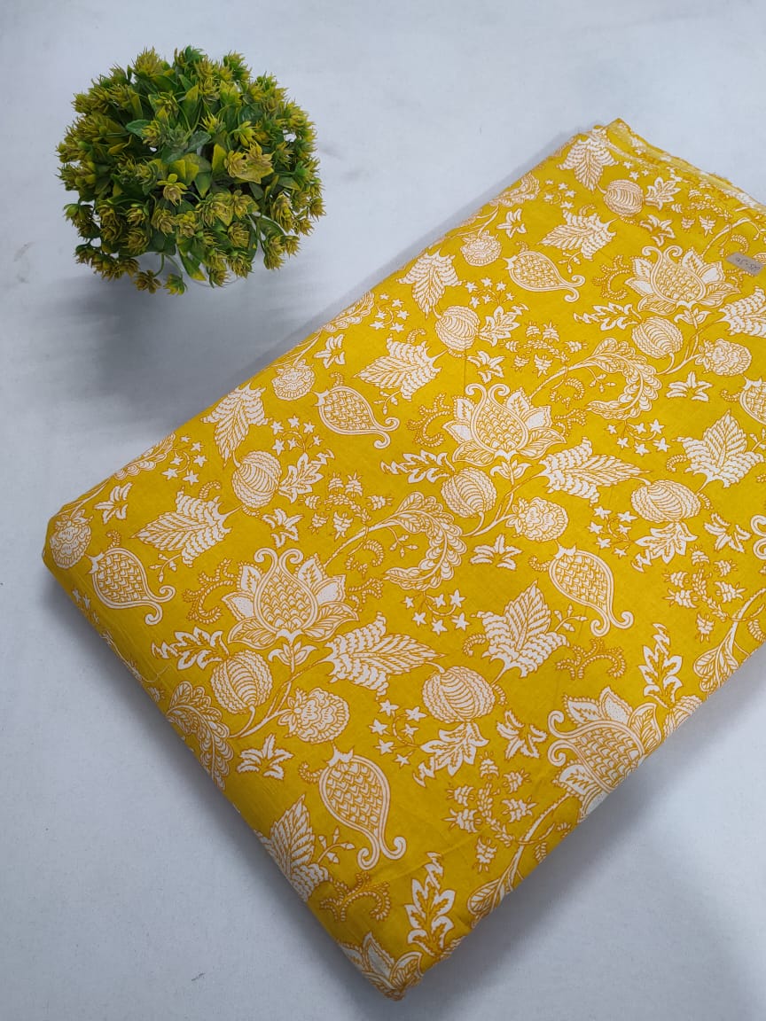 Yellow Floral Screen Print Pure Cotton Fabric From Tulsi Prints