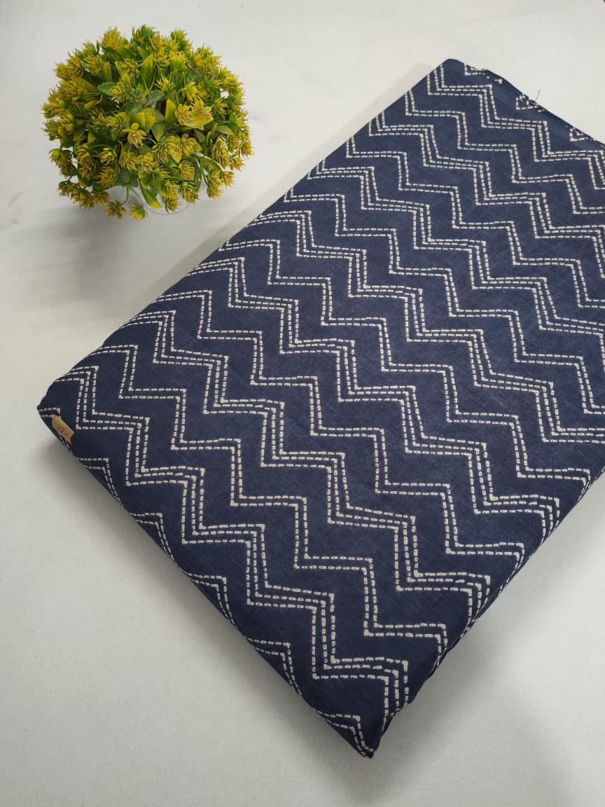 Navy Blue Zigzag Screen Print Pure Cotton Fabric From Tulsi Prints
