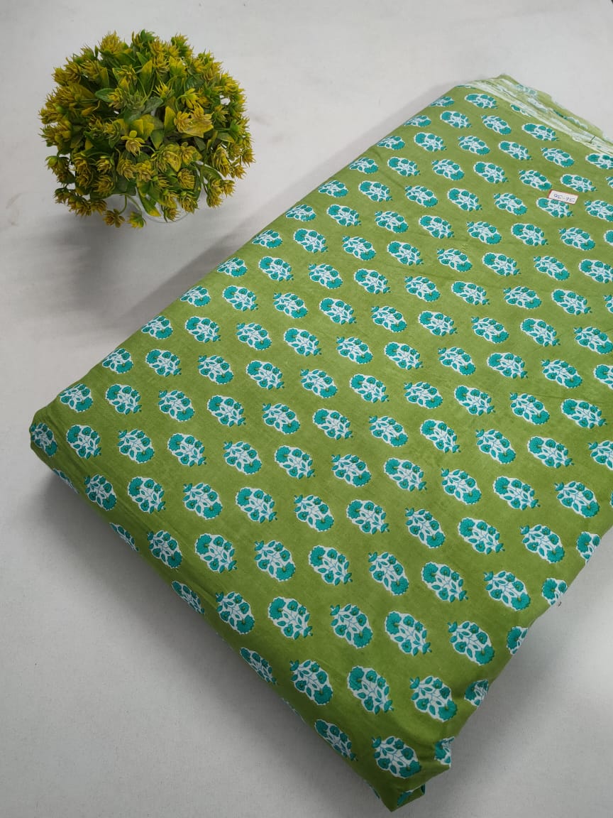 Green Floral Boota Screen Print Pure Cotton Fabric From Tulsi Prints