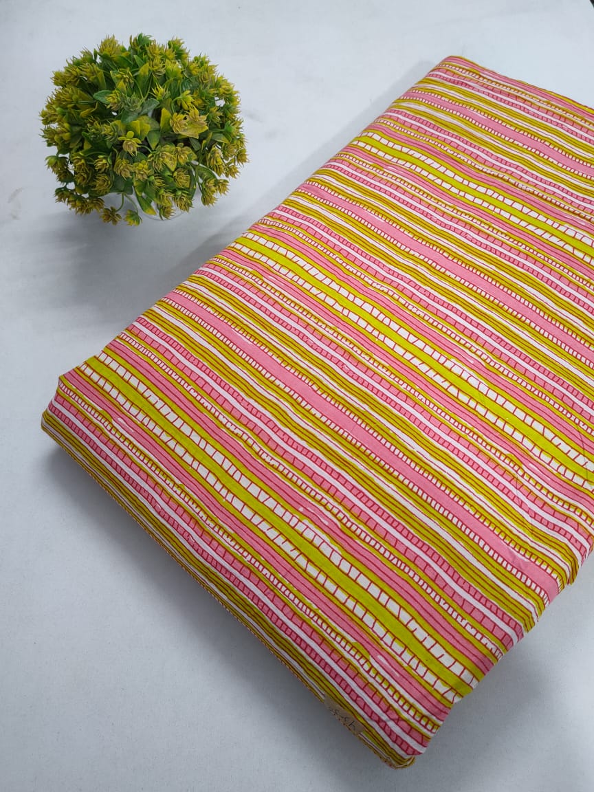 Pink and Yellow Geometric Screen Print Pure Cotton Fabric From Tulsi Prints