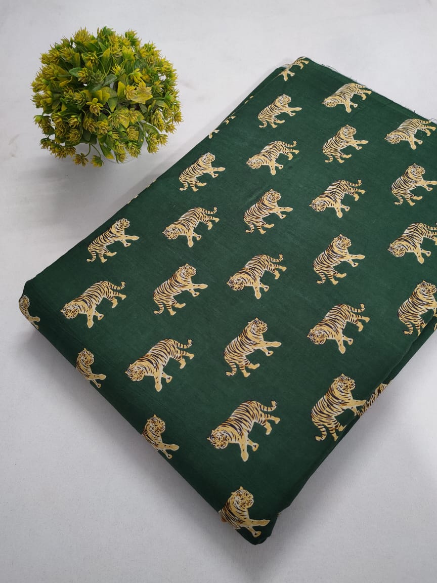 Green Tiger Motif Screen Print Pure Cotton Fabric From Tulsi Prints
