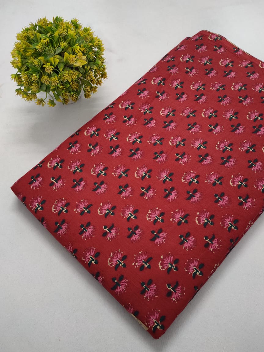 Red Floral Screen Print Pure Cotton Fabric From Tulsi Prints