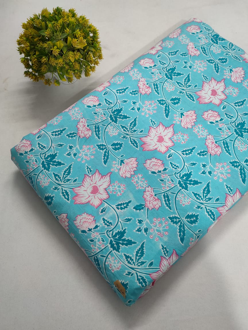 Turquoise Floral Screen Print Pure Cotton Fabric From Tulsi Prints