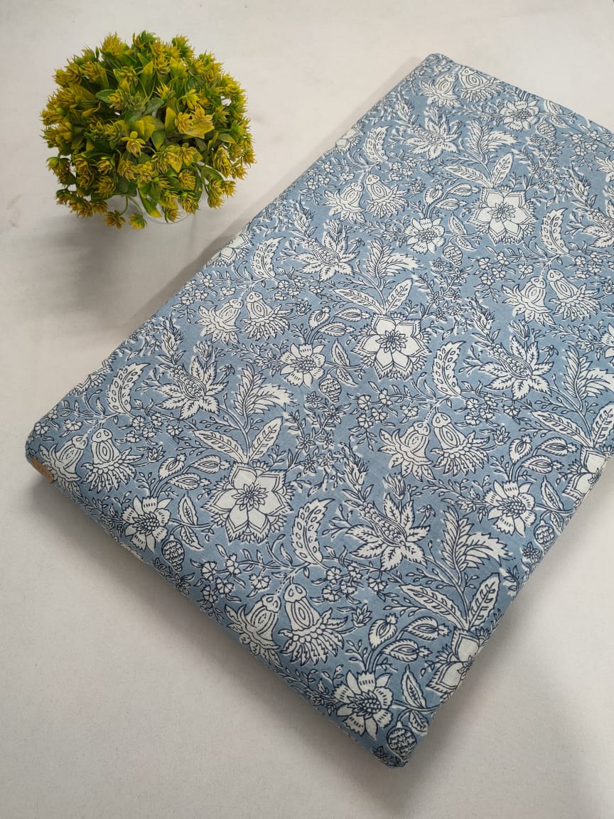 Blue Floral Screen Print Pure Cotton Fabric From Tulsi Prints