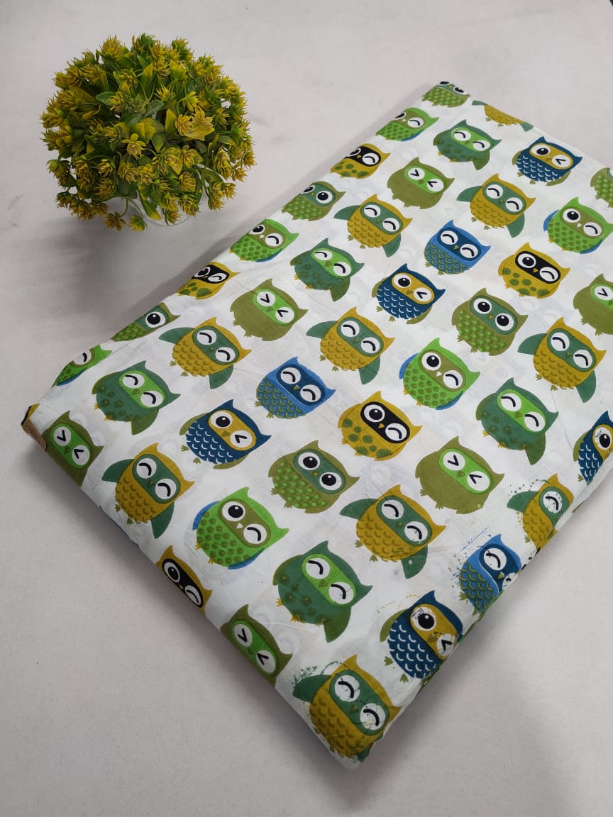 White Owl Print Screen Print Pure Cotton Fabric From Tulsi Prints