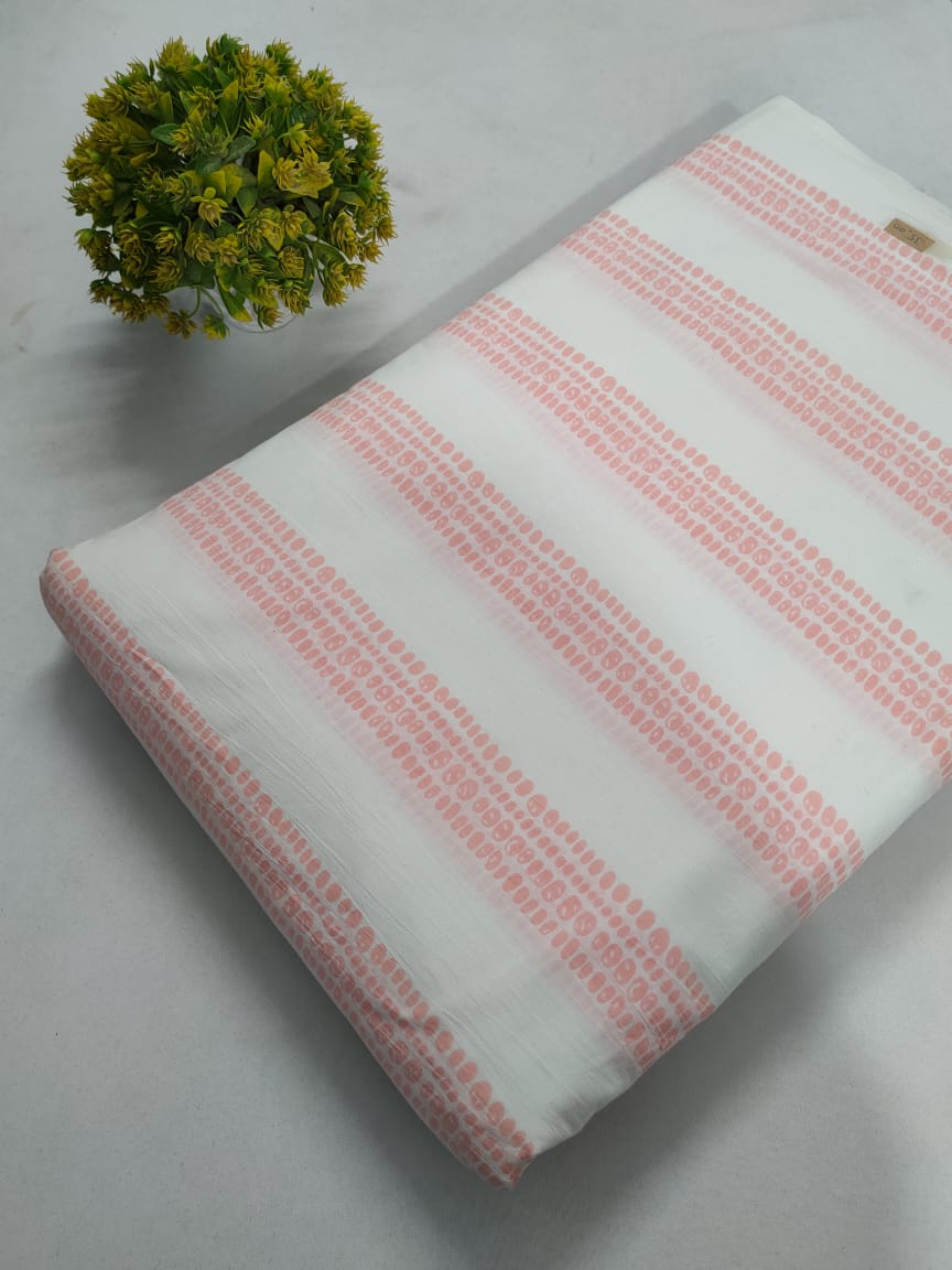 White and Pink Dot Stripe Screen Print Pure Cotton Fabric From Tulsi Prints