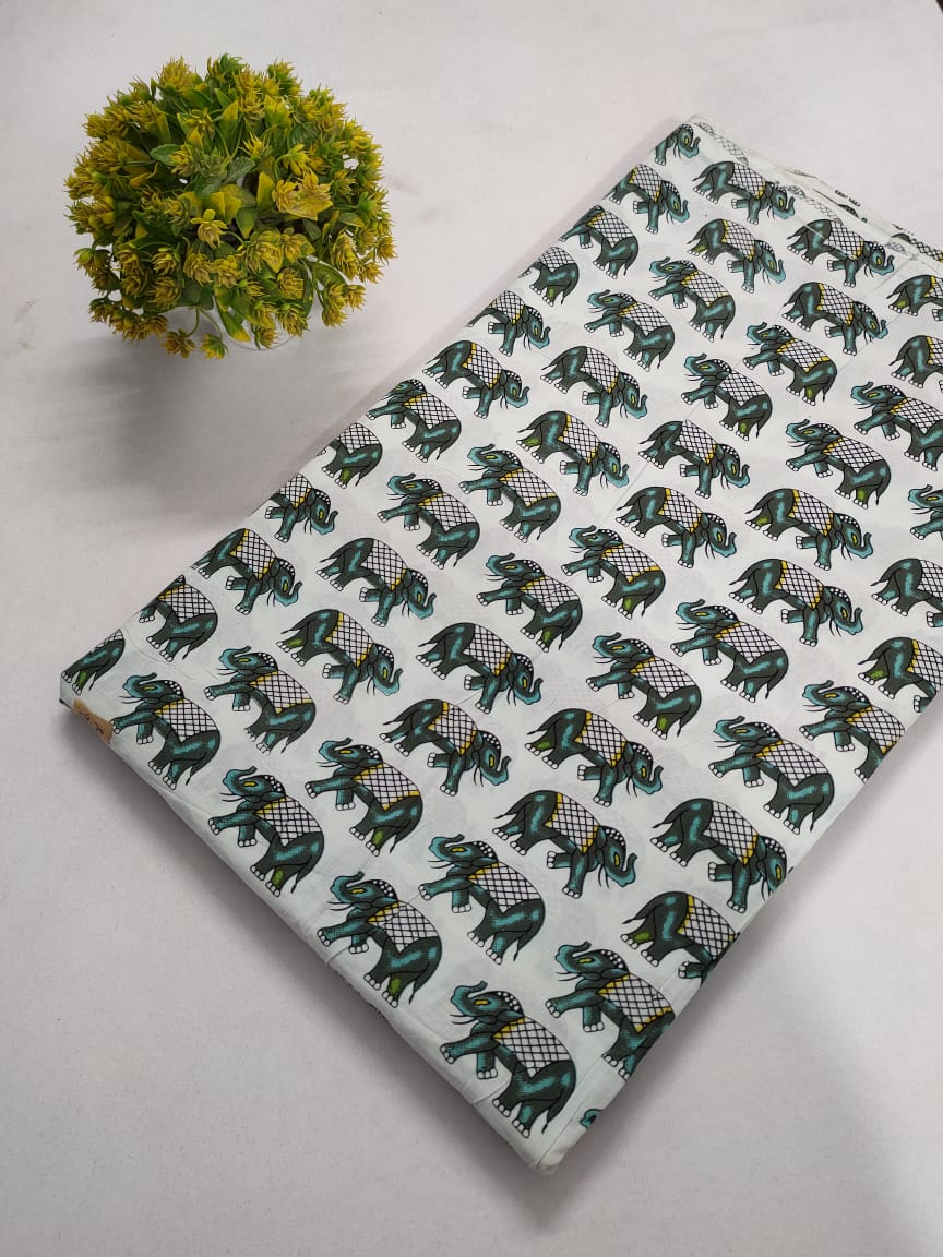 White Elephant Motif Screen Print Pure Cotton Fabric From Tulsi Prints