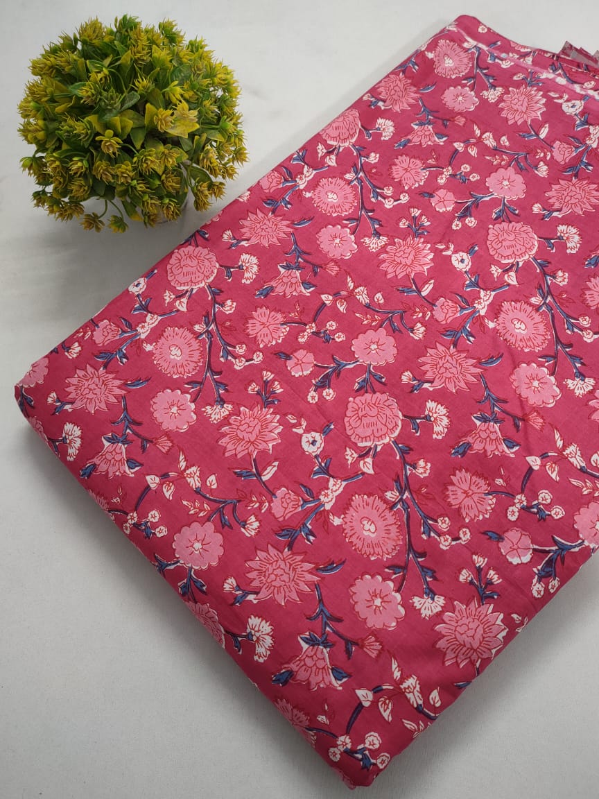 Pink Floral Screen Print Pure Cotton Fabric From Tulsi Prints