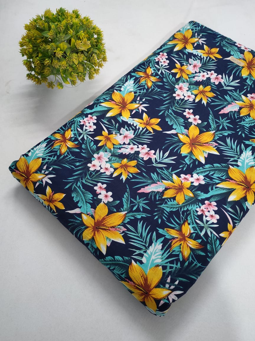 Navy Blue Floral Screen Print Pure Cotton Fabric From Tulsi Prints